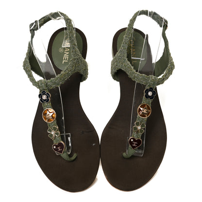 Chanel Tweed CC Charm Thong Sandals 37 Dark Green 5 of 11