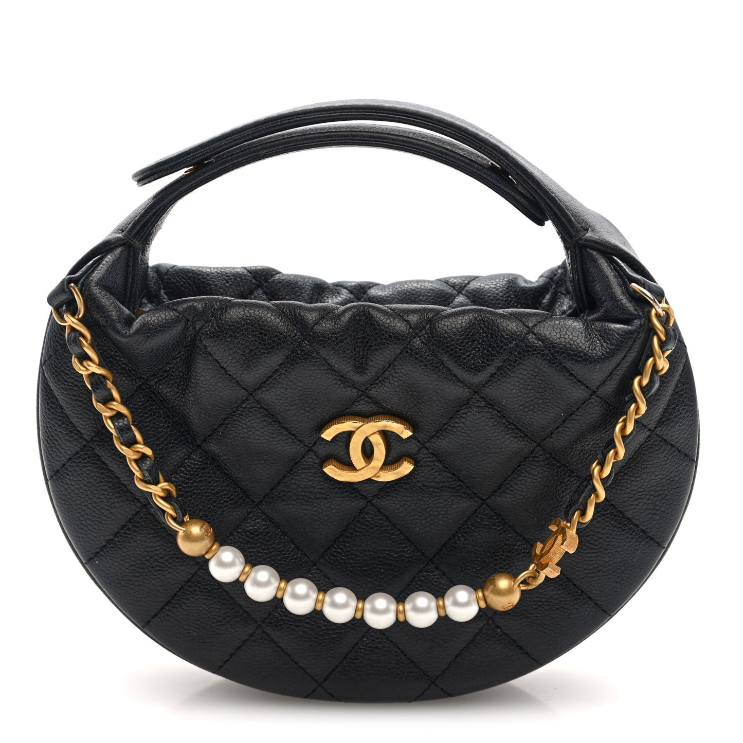 Grained Calfskin Quilted Pearl Pouch Hobo Black