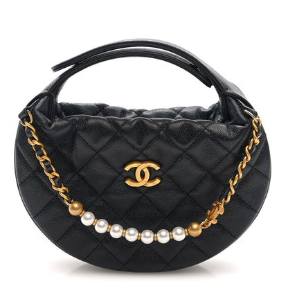 Chanel Grained Calfskin Quilted Pearl Pouch Hobo Black 1 of 9