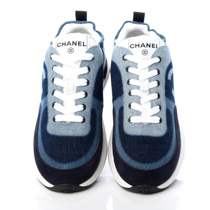 Chanel Denim Suede Calfskin Womens CC Sneakers 37 Blue White Black 5 of 10