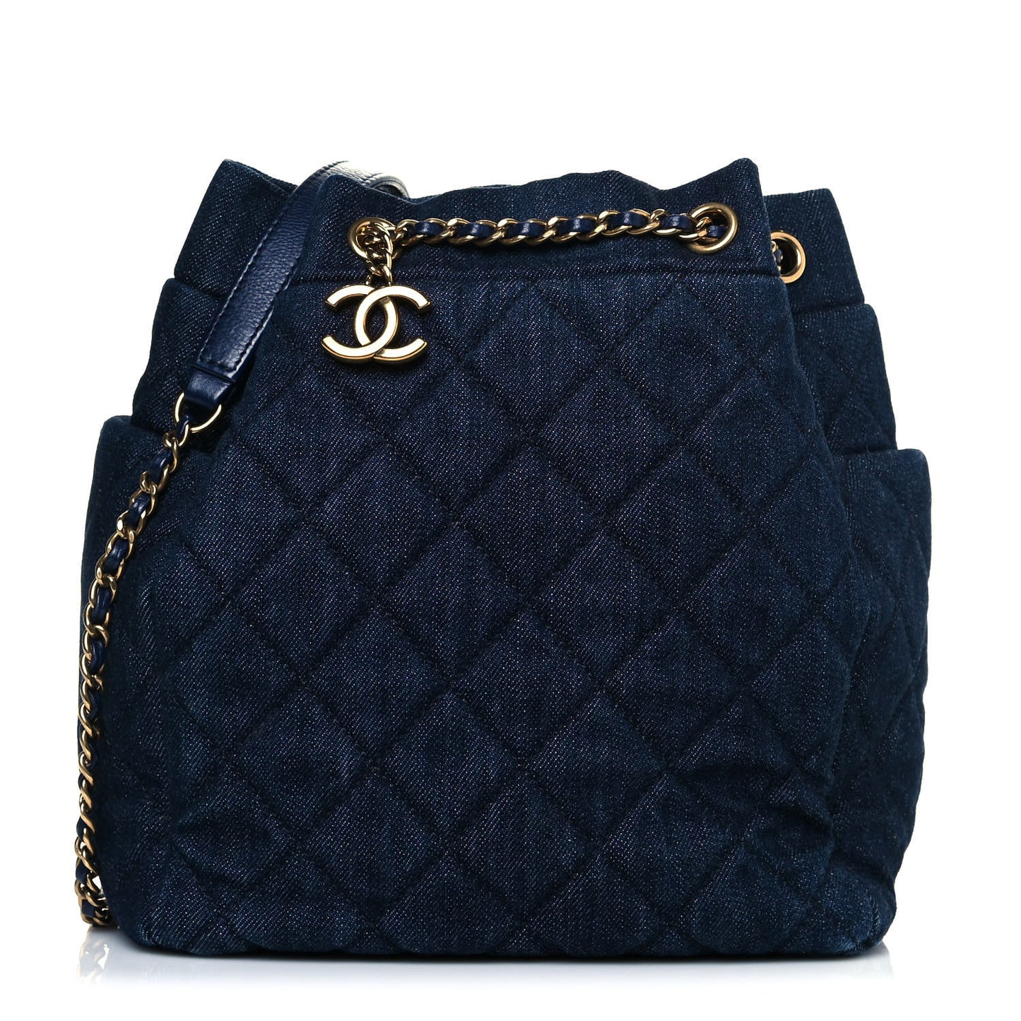 Washed Denim Quilted Small Urban Spirit Drawstring Bag Dark Blue