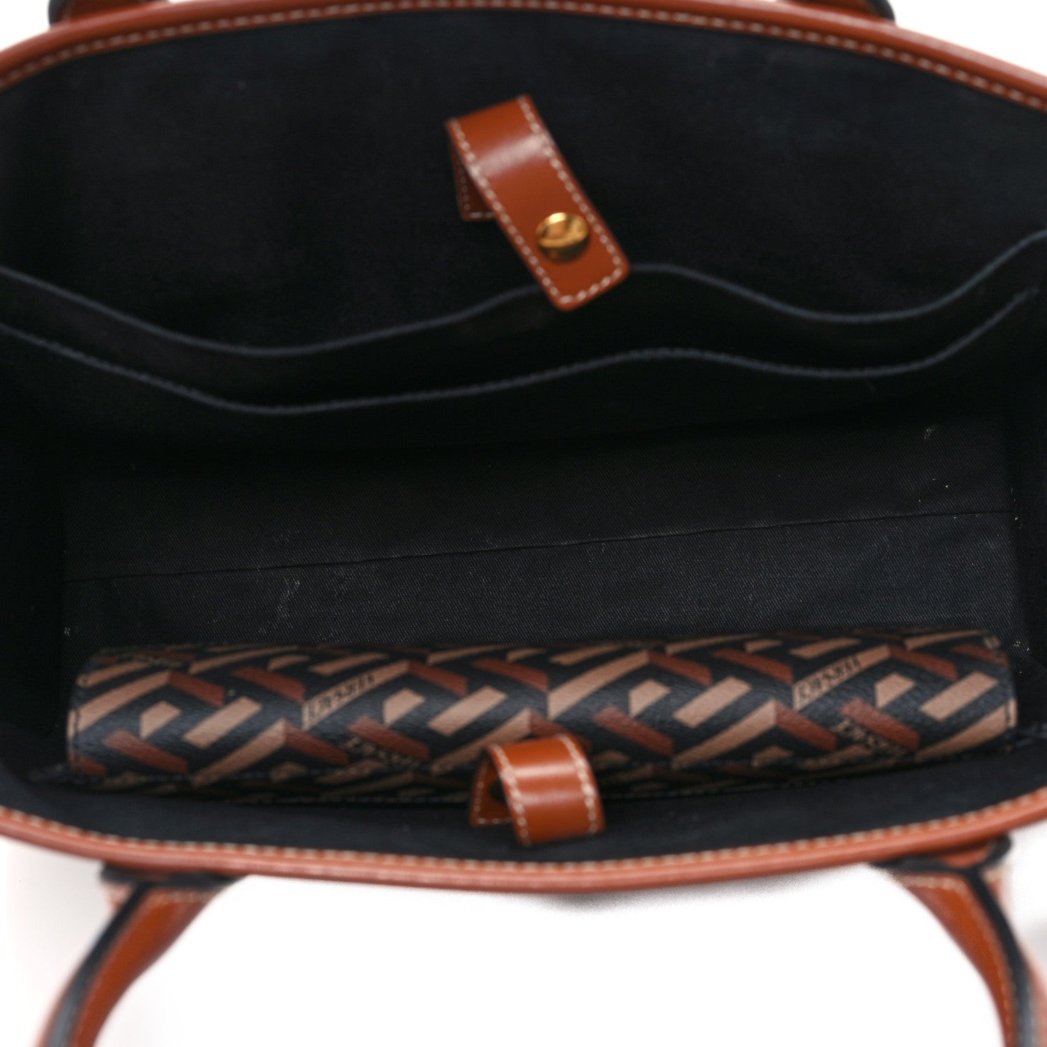 Versace Coated Canvas Calfskin La Greca Signature Tote Bag Black Caramel 5 of 10