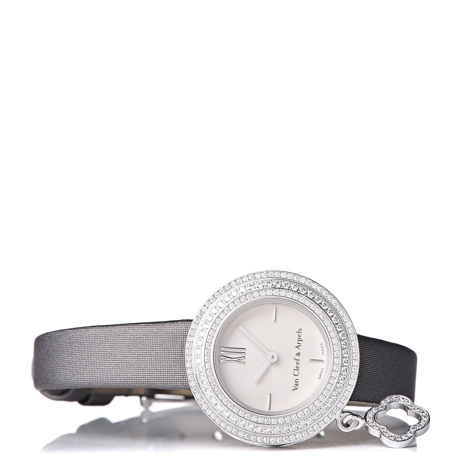 Van Cleef & Arpels 18K White Gold Satin Diamond Pave Bezel 25mm Charms Quartz Watch 3 of 11