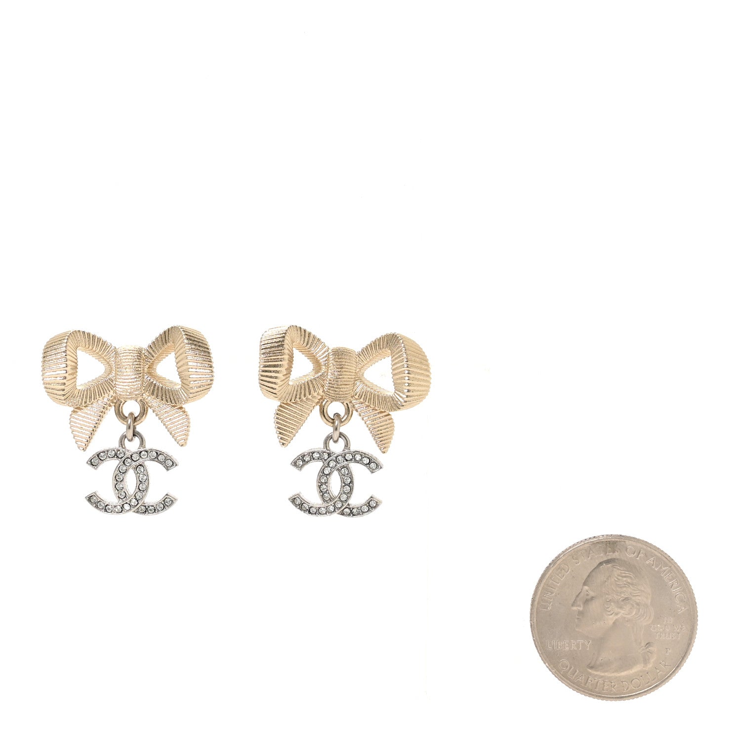 Chanel Crystal CC Bow Drop Earrings Gold 2 of 5