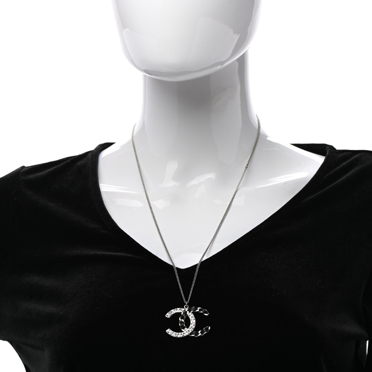 Lambskin Baguette Crystal CC Necklace Black Silver