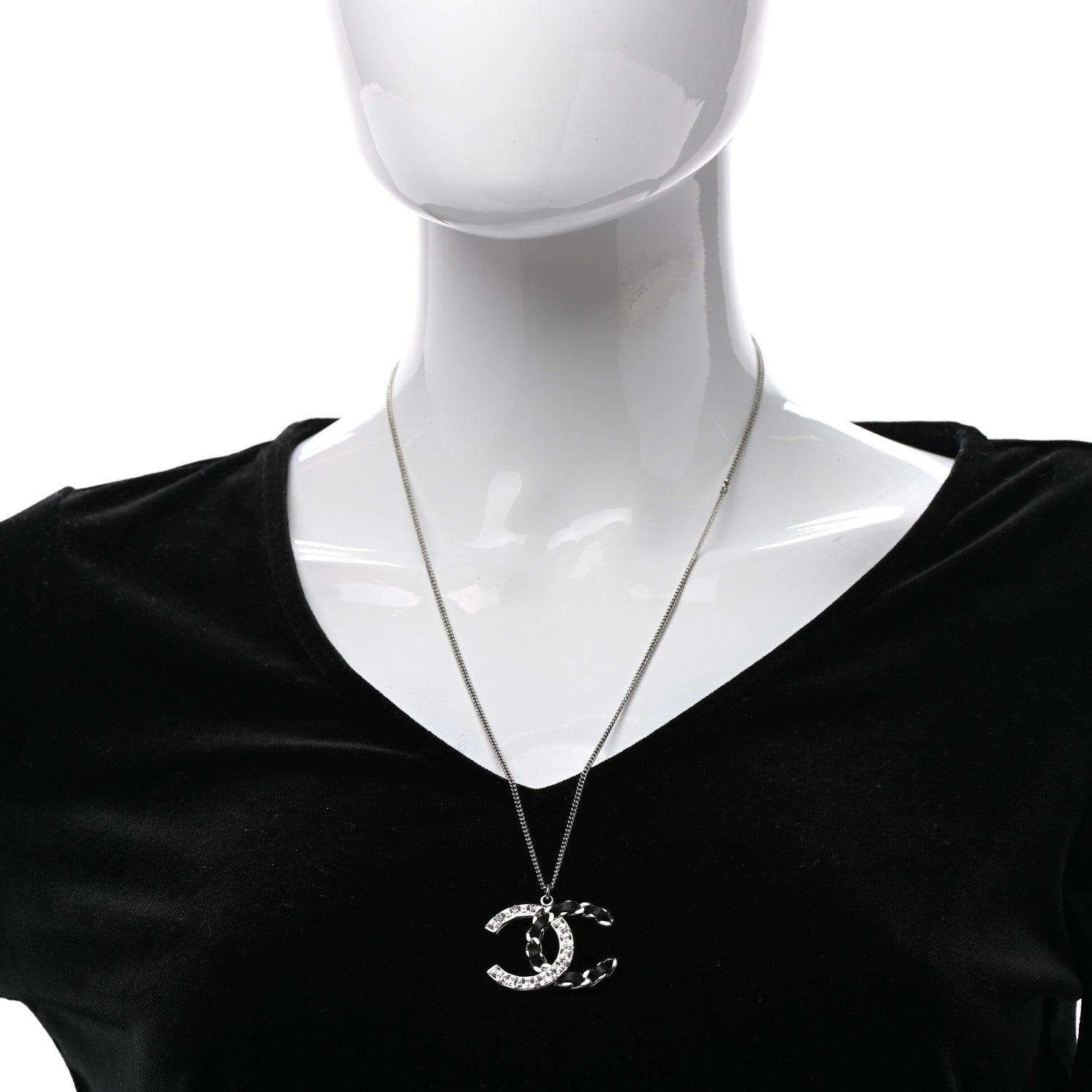 Chanel Lambskin Baguette Crystal CC Necklace Black Silver 2 of 7