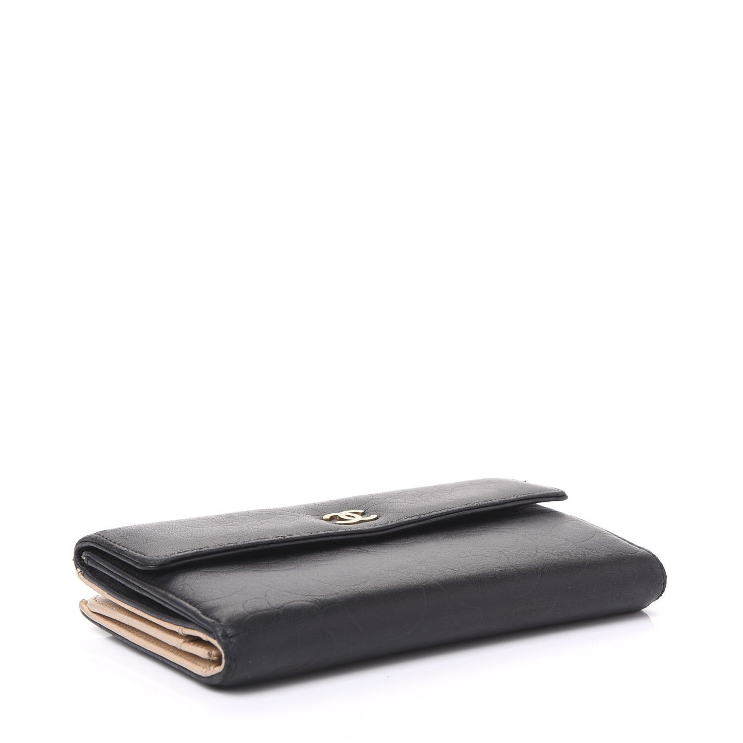 Lambskin Camellia Embossed Long Double Wallet Black