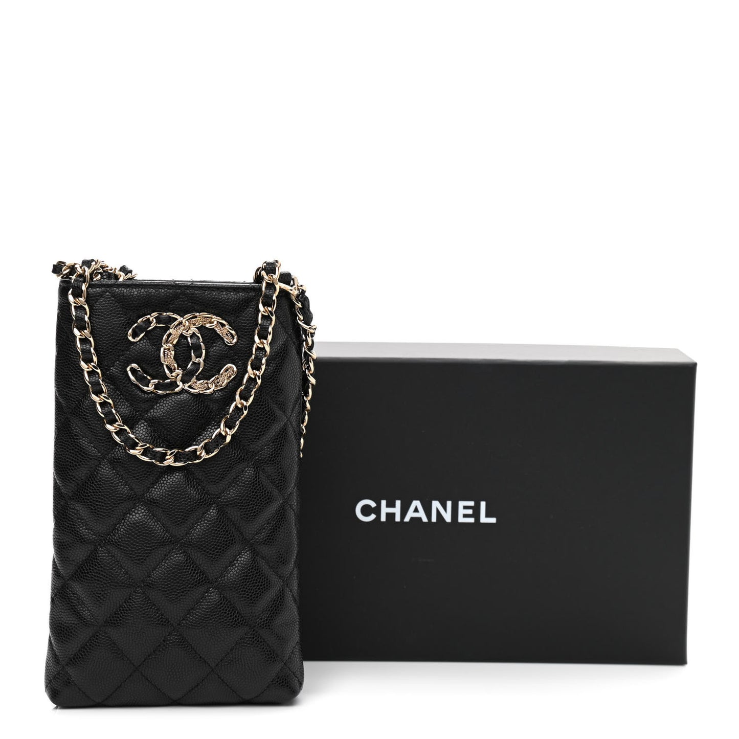 Caviar Quilted French New Wave Phone Holder With Chain Black