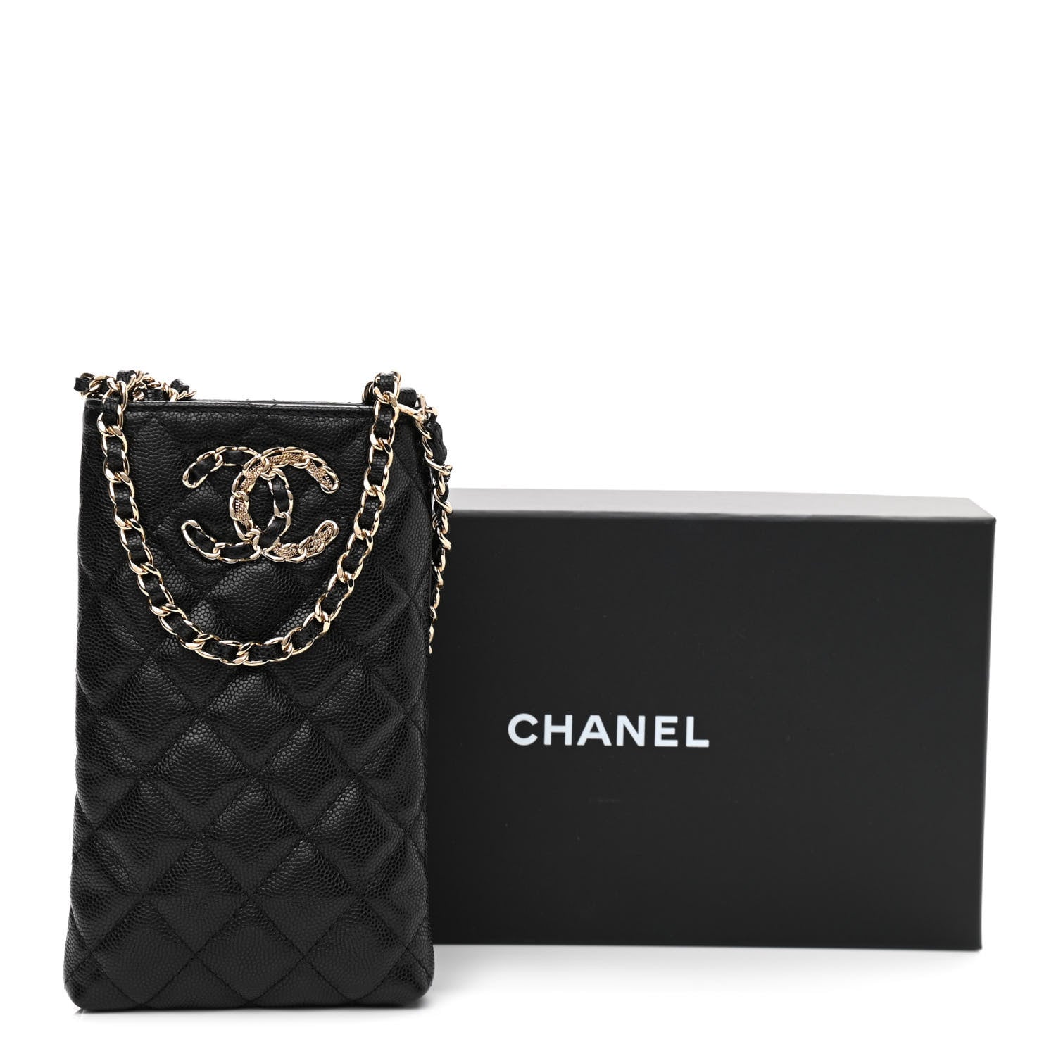 Chanel Caviar Quilted French New Wave Phone Holder With Chain Black 12 of 12