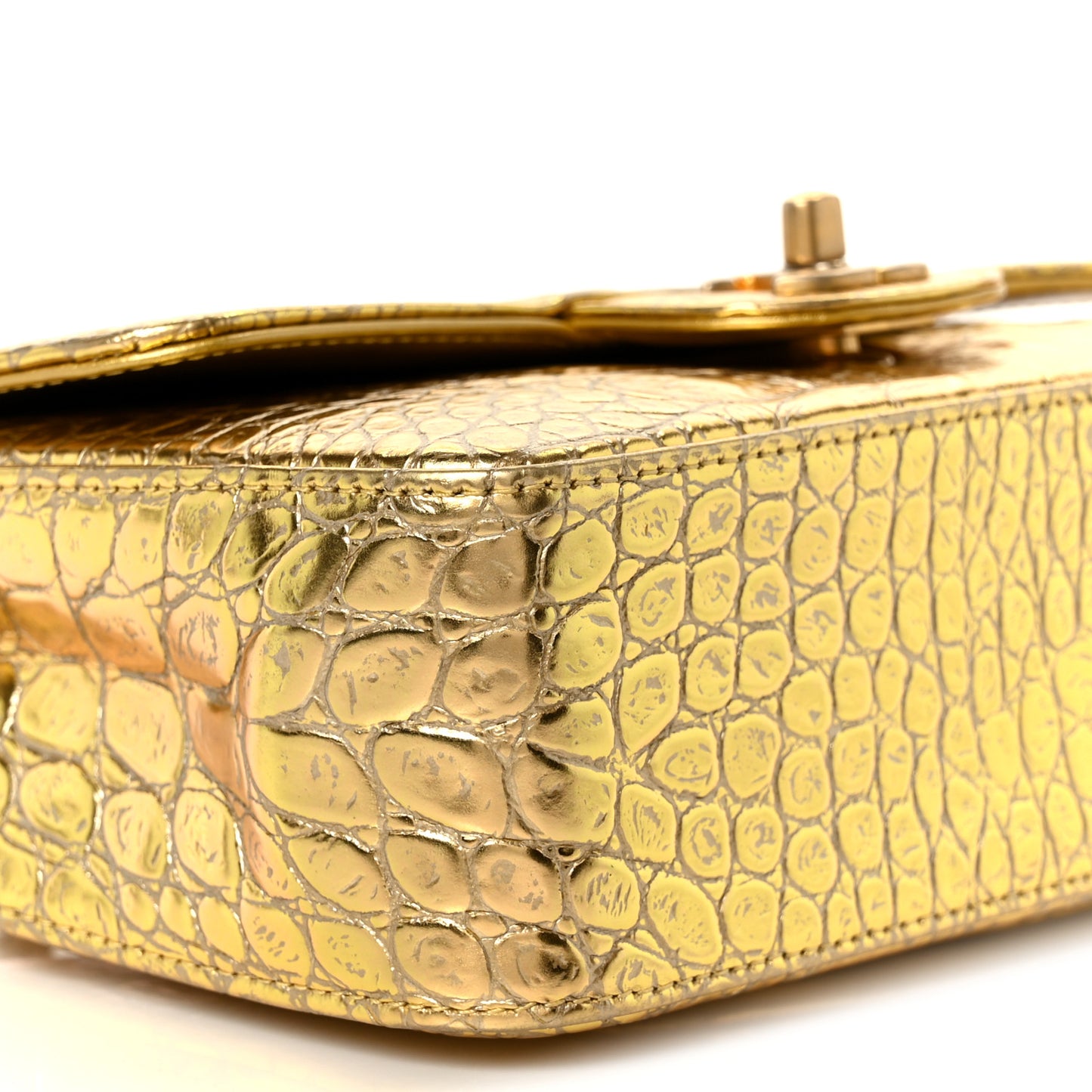 Metallic Calfskin Crocodile Embossed Cocodile Rectangular Mini Flap Gold