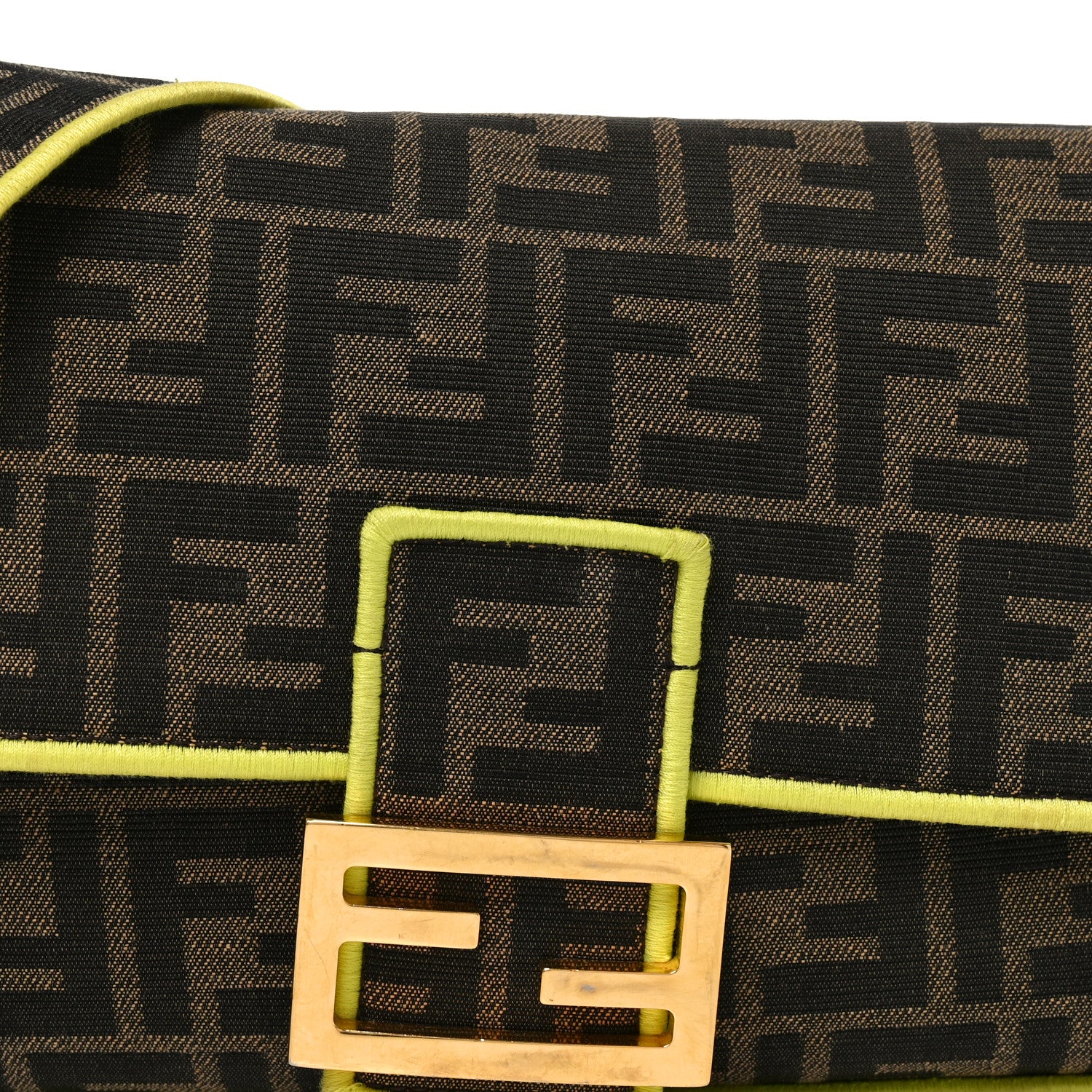 Fendi Fabric Jacquard FF 1974 Large Baguette Tobacco Moro Giallo Fluo 9 of 11