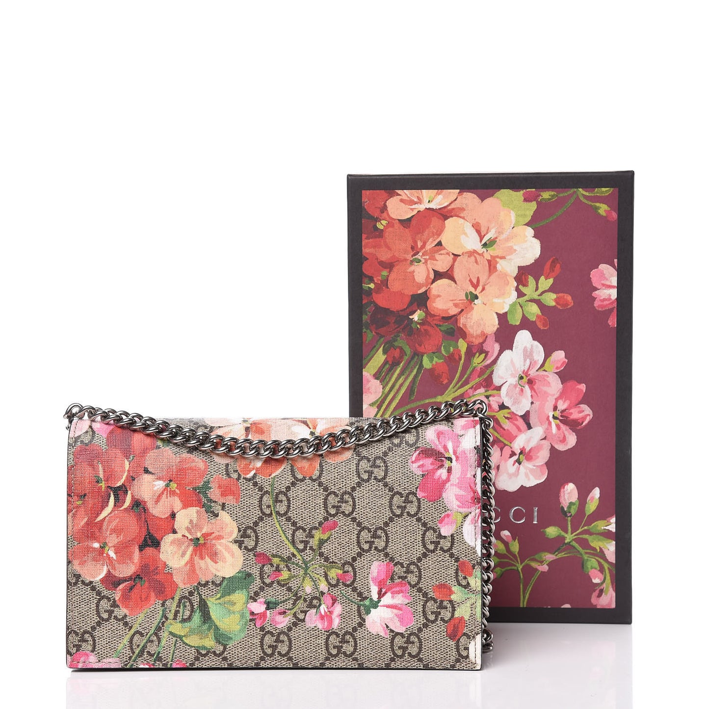 GG Supreme Monogram Blooms Chain Wallet Beige Multicolor Dry Rose