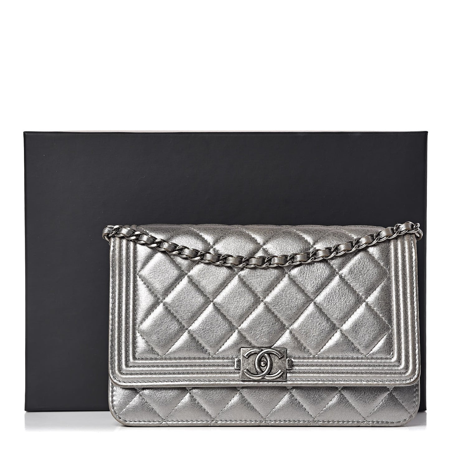 Metallic Calfskin Quilted Boy Wallet On Chain WOC Silver