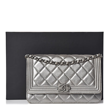 Chanel Metallic Calfskin Quilted Boy Wallet On Chain WOC Silver 16 of 16