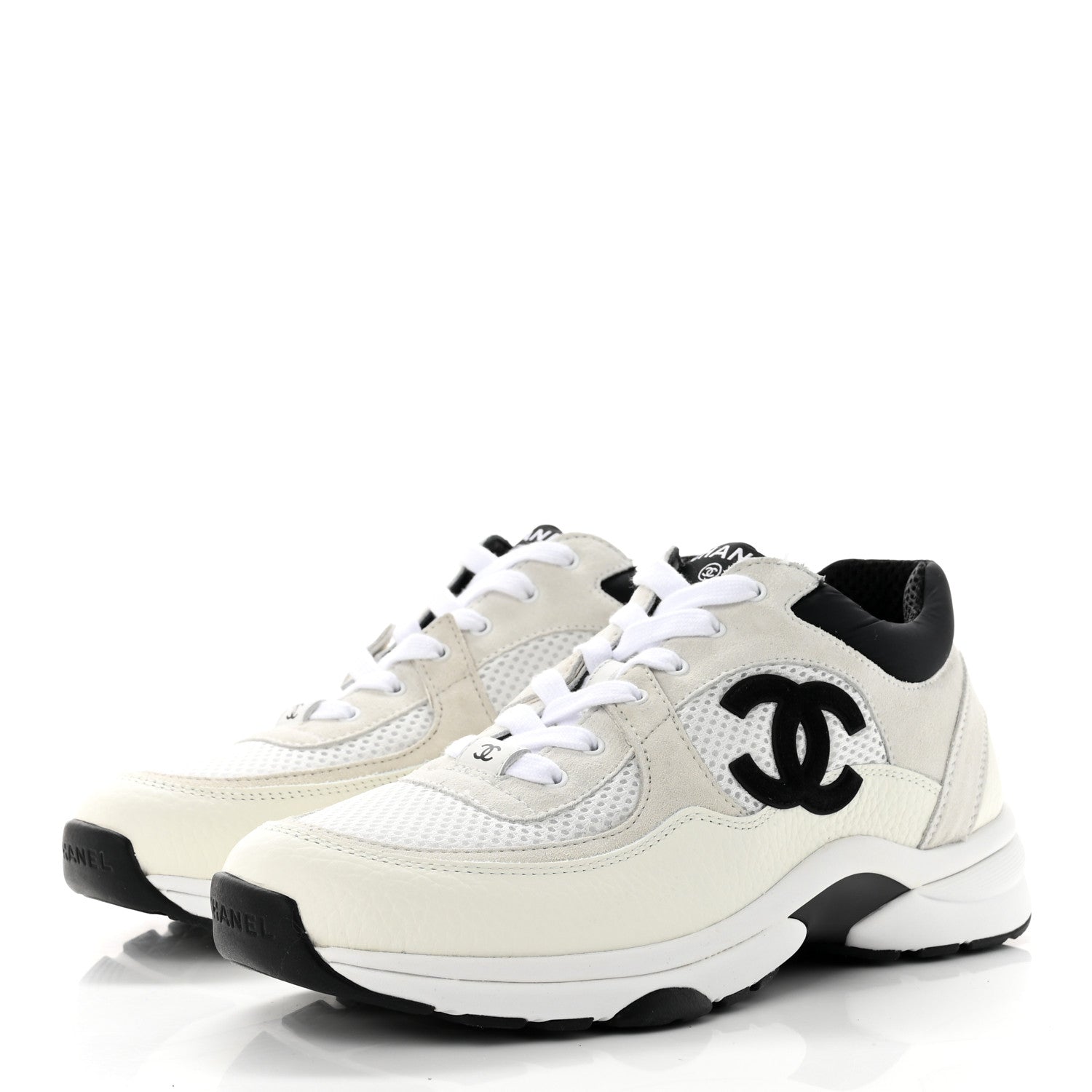 Chanel Mesh Suede Calfskin Grained Calfskin Womens CC Sneakers 39 White Black 3 of 7