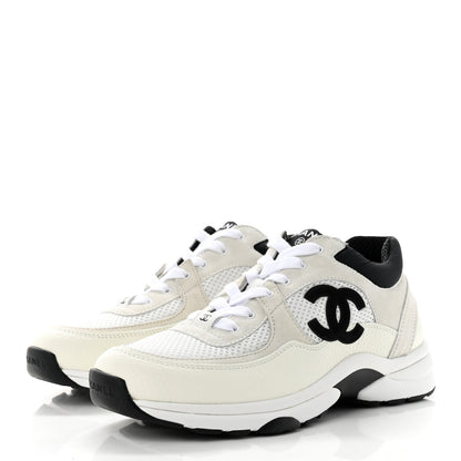 Chanel Mesh Suede Calfskin Grained Calfskin Womens CC Sneakers 39 White Black 3 of 7