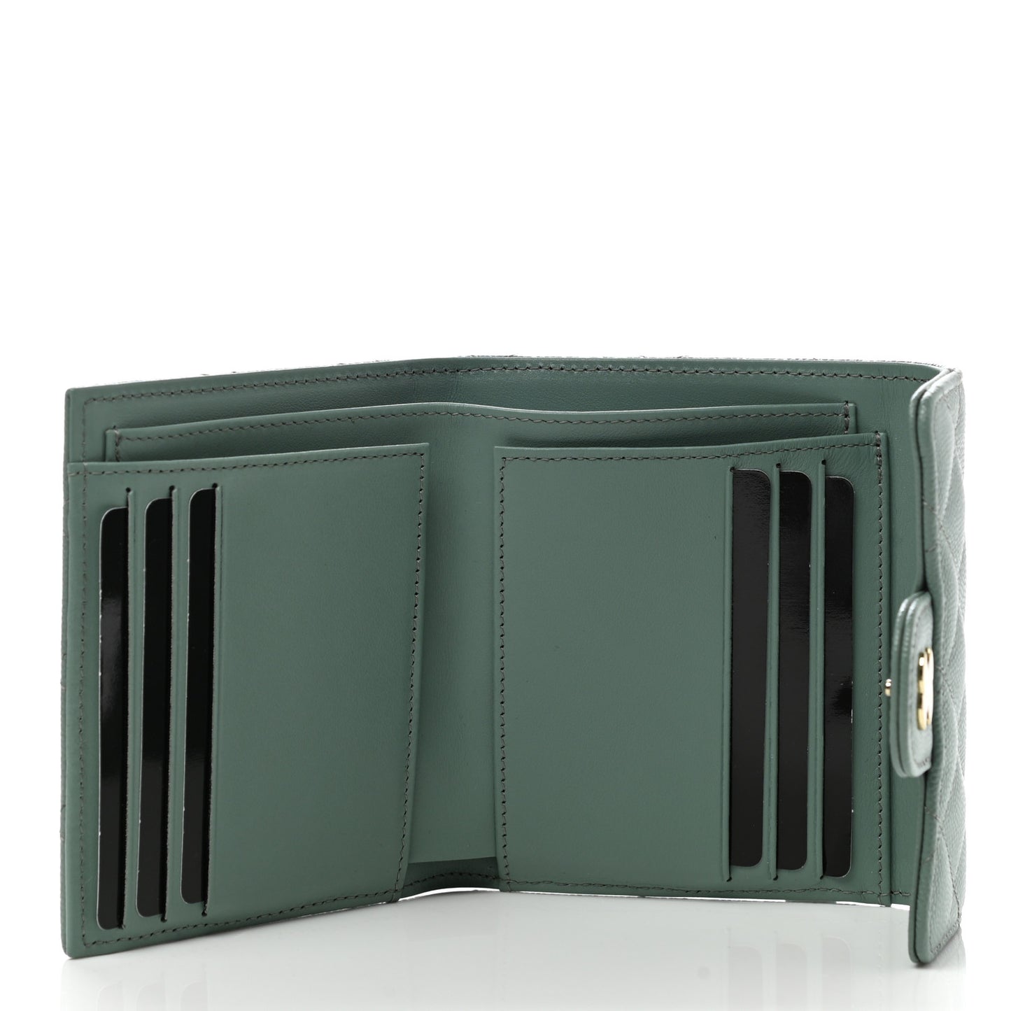 Metallic Caviar Quilted Compact Flap Wallet Dark Green