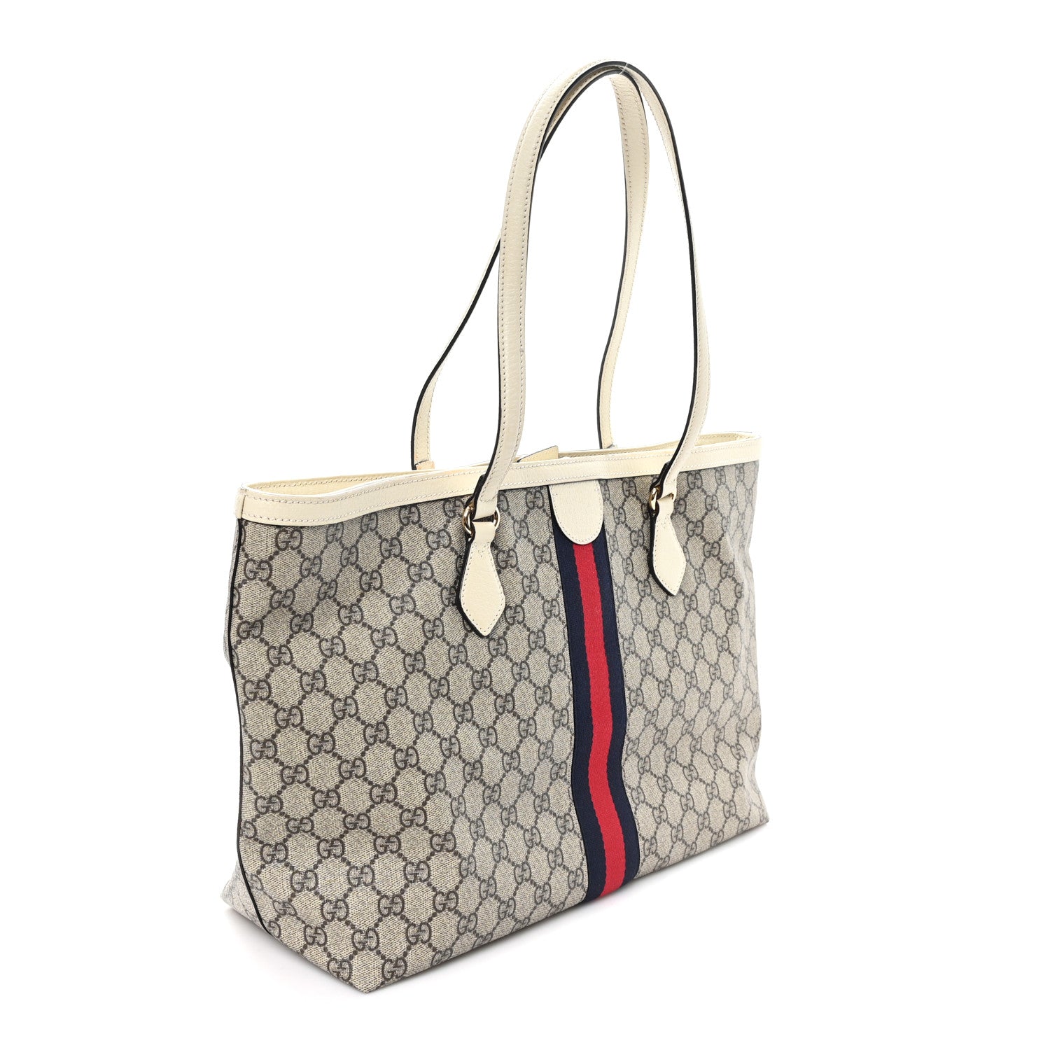 Gucci GG Supreme Monogram Textured Dollar Calfskin Web Medium Ophidia Shopping Tote Beige Ebony Mystic White 3 of 9