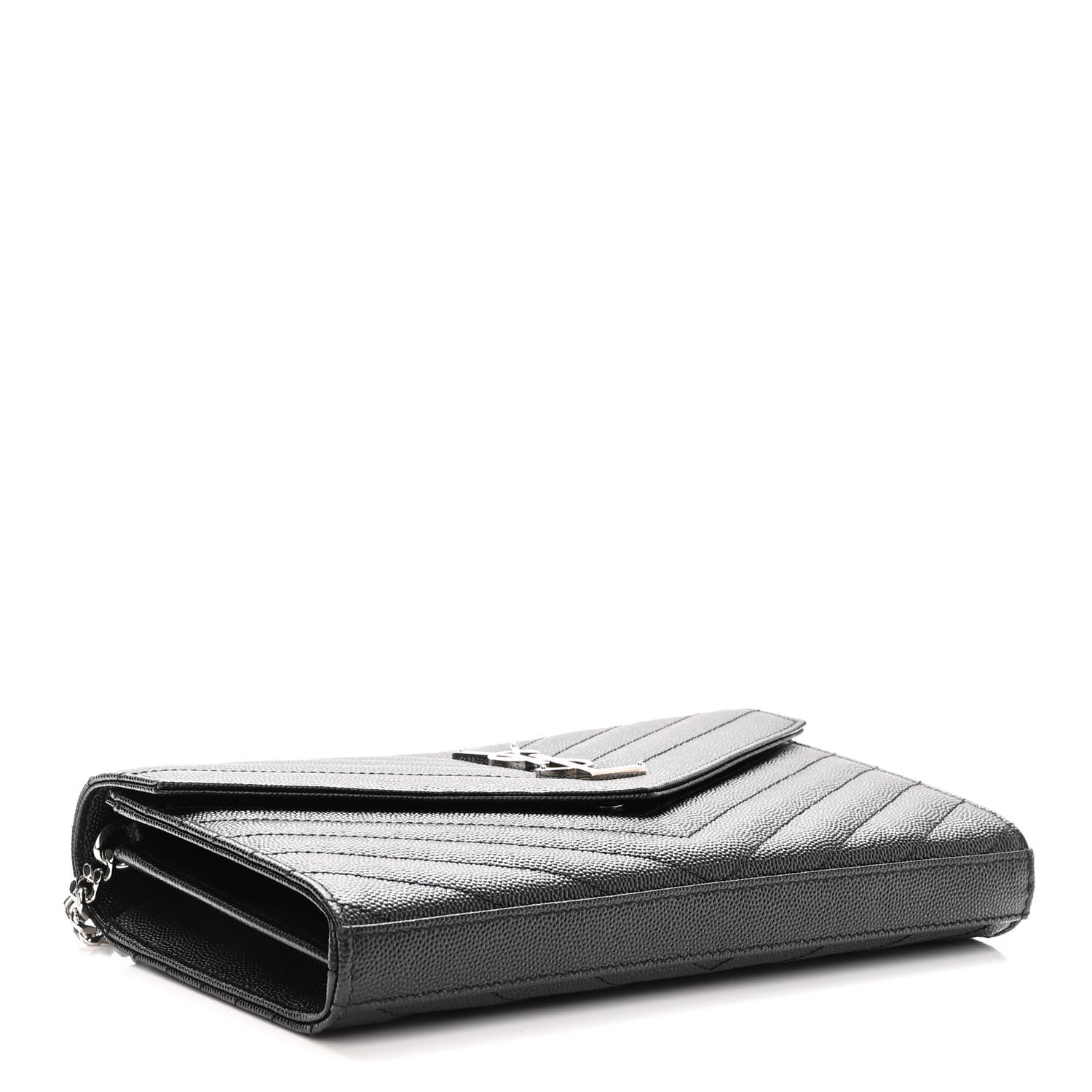Saint Laurent Grain De Poudre Matelasse Chevron Monogram Chain Wallet Black 4 of 9