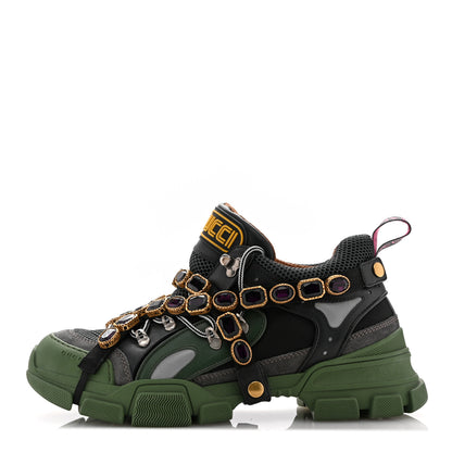 Gucci X SEGA Mesh Suede Calfskin Removable Crystals Mens Flashtrek Sneakers 10.5 Loess Black Olive Green 1 of 7