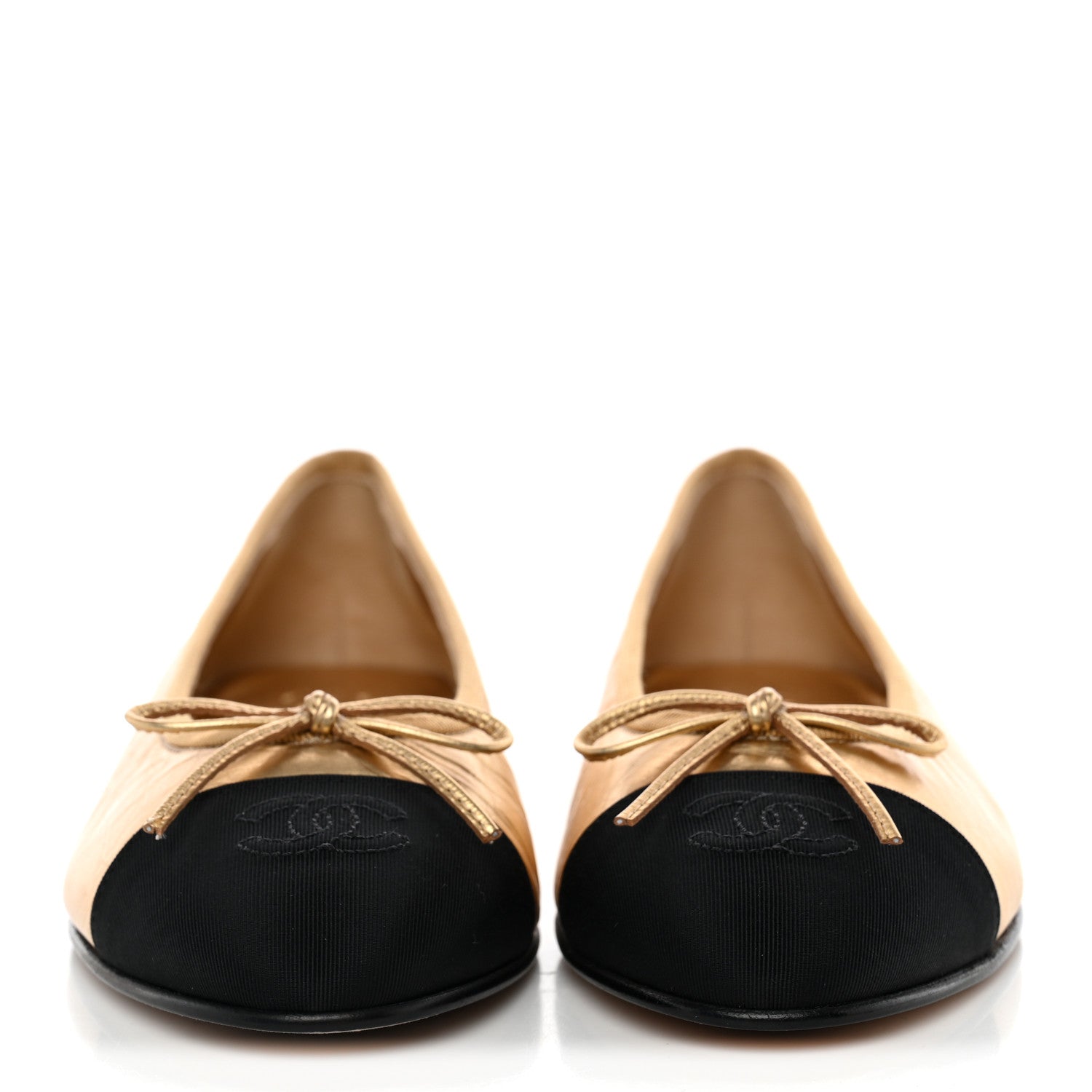 Chanel Metallic Laminated Lambskin Grosgrain CC Cap Toe Ballerina Flats 38 Dark Gold Black 2 of 11