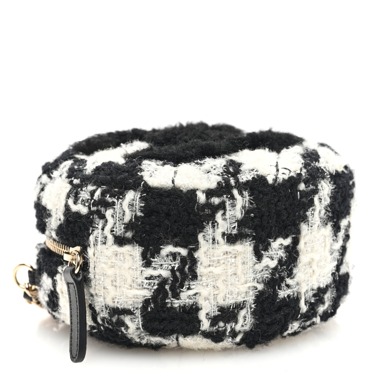 Wool Tweed Lambskin Quilted Round Clutch With Chain and Coin Purse Black White