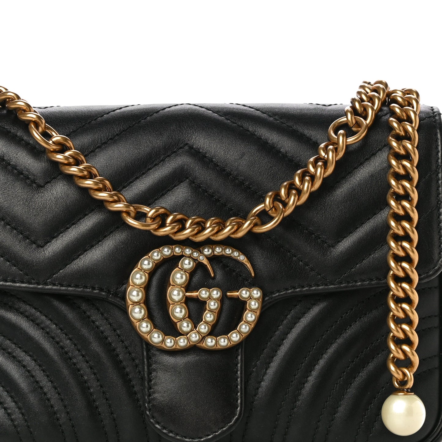 Calfskin Matelasse Pearly GG Marmont Chain Belt Bag Black