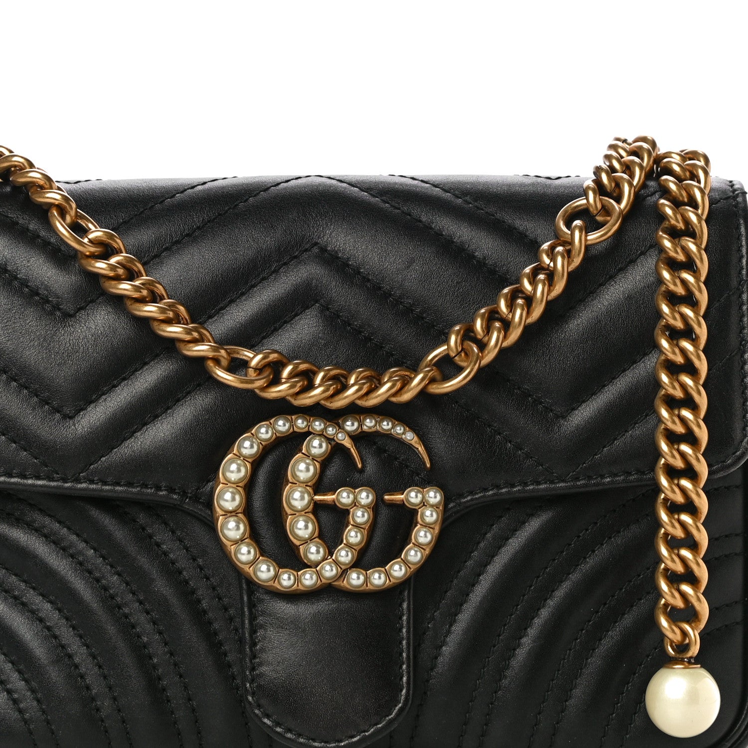 Gucci Calfskin Matelasse Pearly GG Marmont Chain Belt Bag Black 9 of 23
