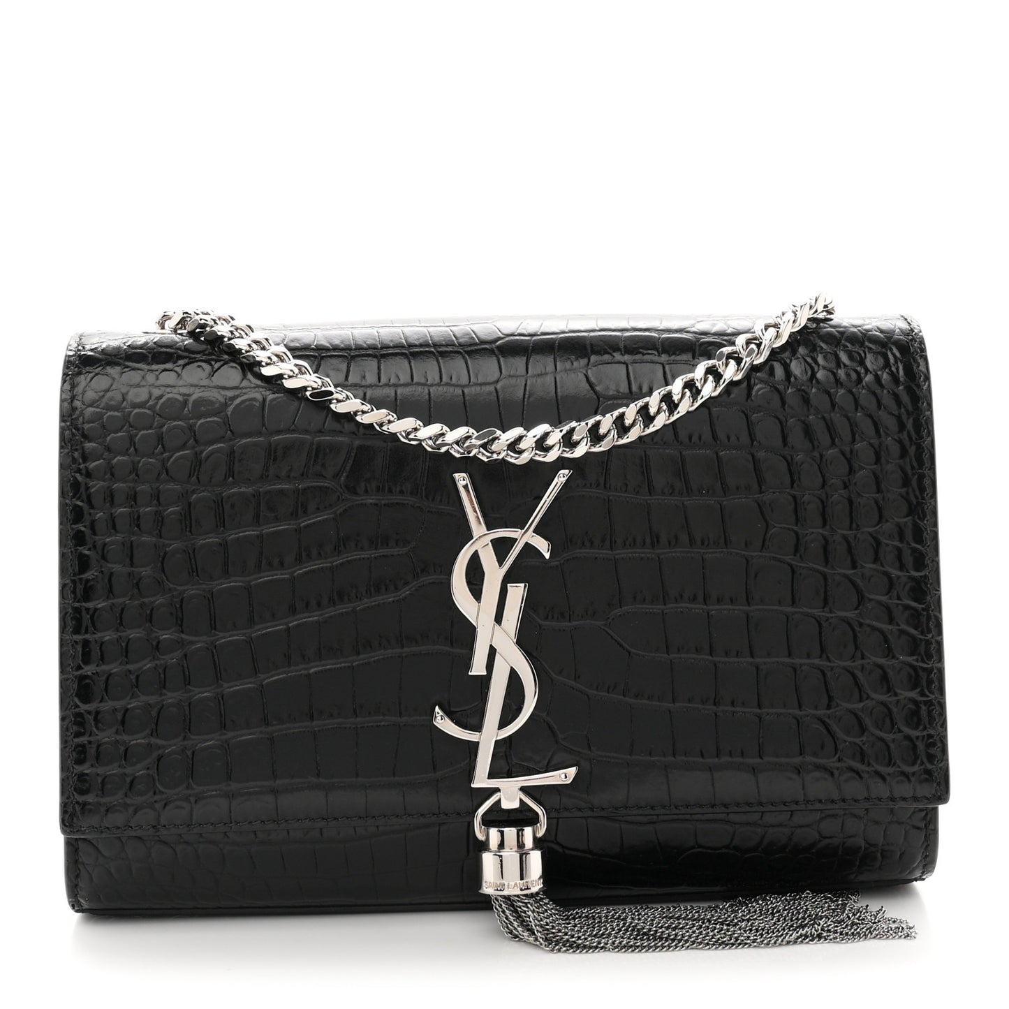 Calfskin Crocodile Embossed Small Classic Monogram Kate Tassel Satchel Black