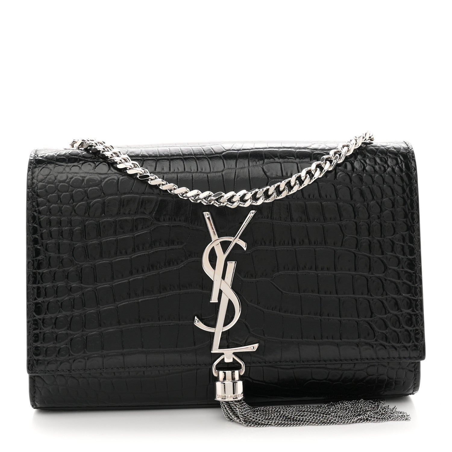 Saint Laurent Calfskin Crocodile Embossed Small Classic Monogram Kate Tassel Satchel Black 1 of 11