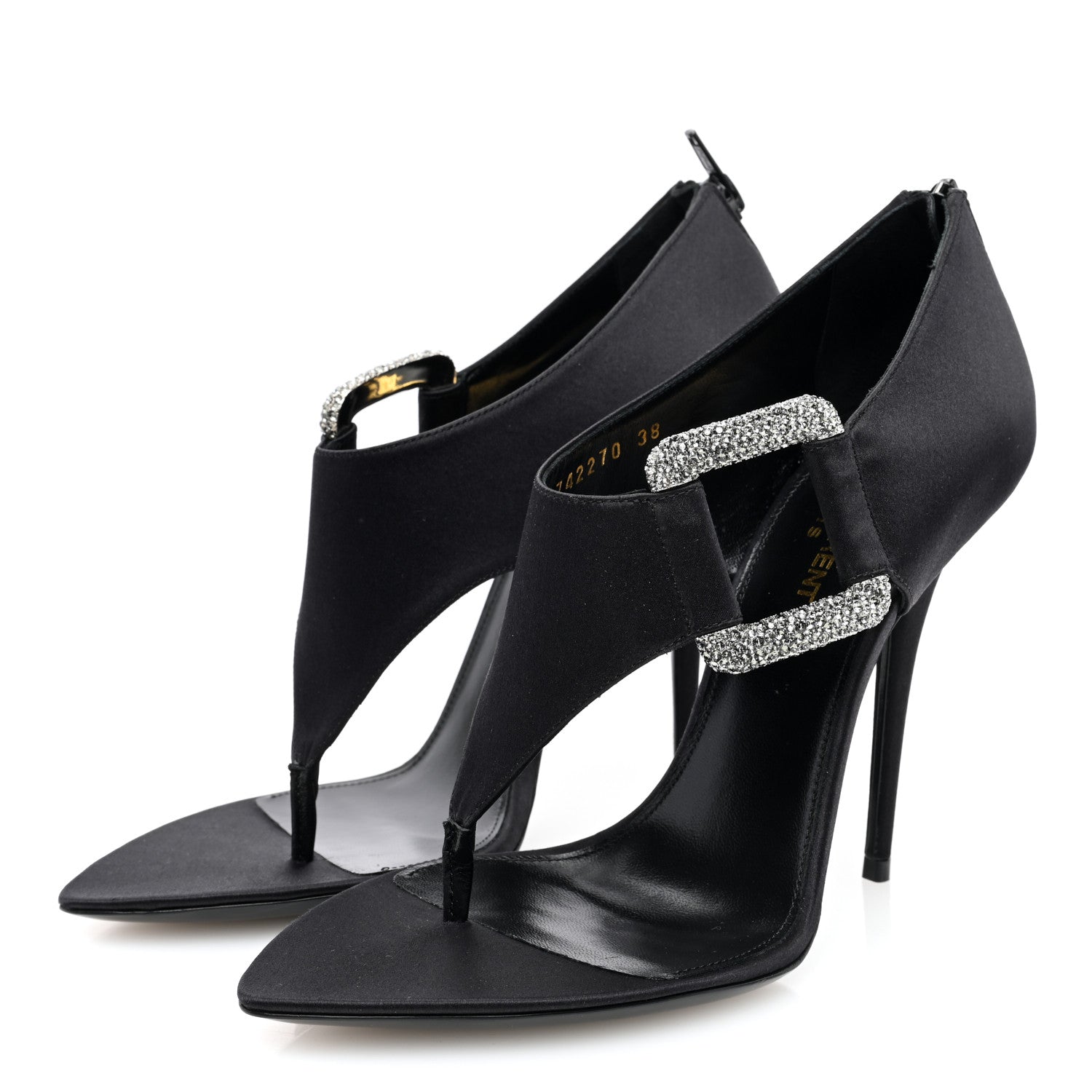 Saint Laurent Crepe Satin Crystal Buckle Sean 110 Sandals 38 Black 2 of 7