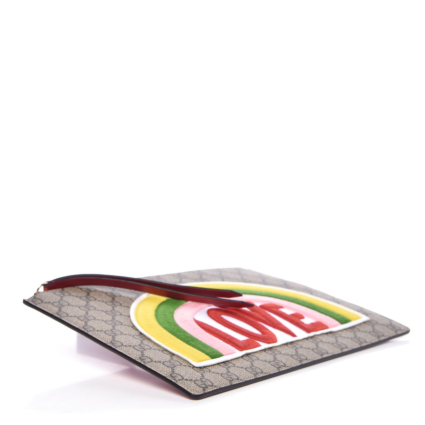 Calfskin GG Supreme Monogram Embroidered Rainbow Love Zip Pouch Red