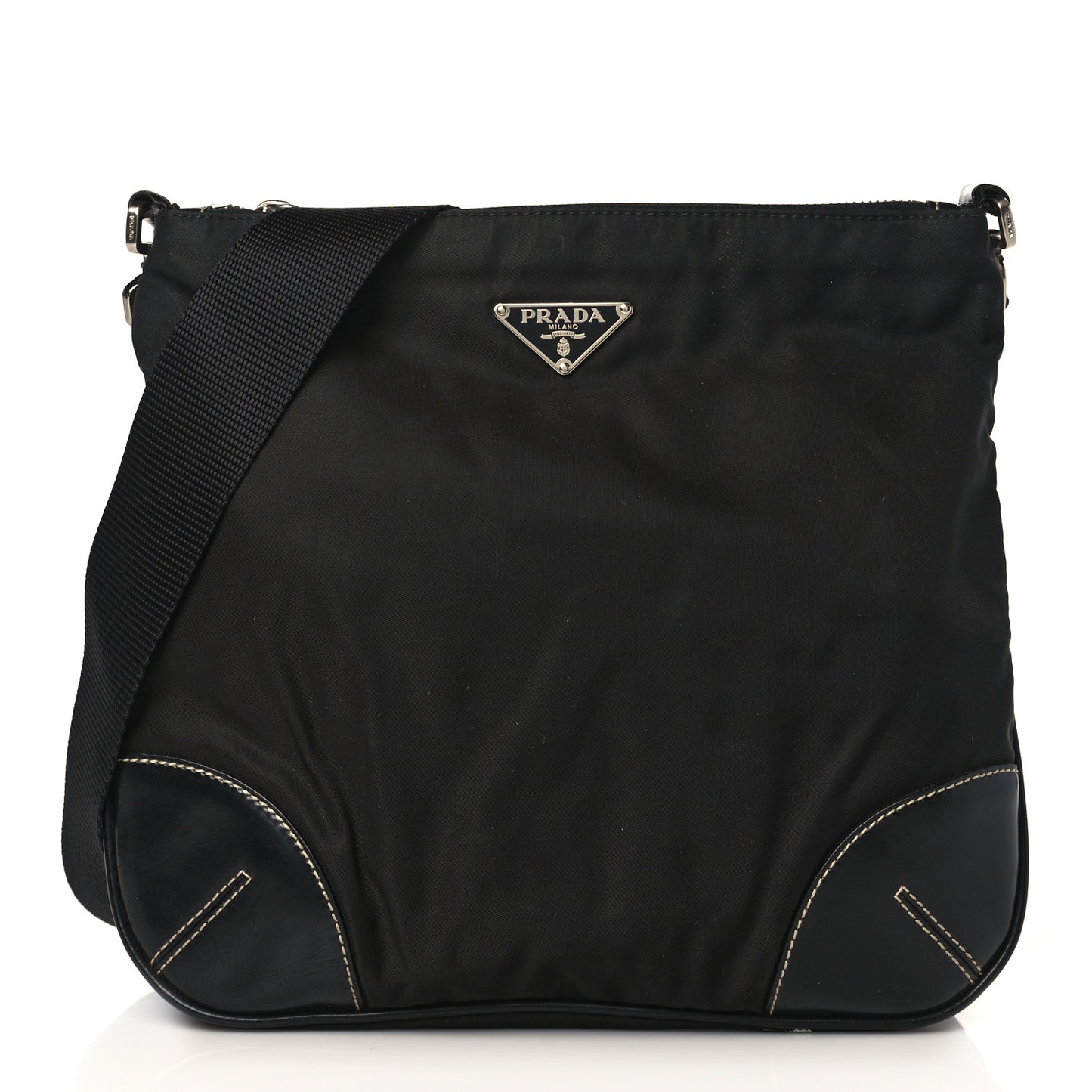 Tessuto Nylon Calfskin Flat Messenger Bag Black
