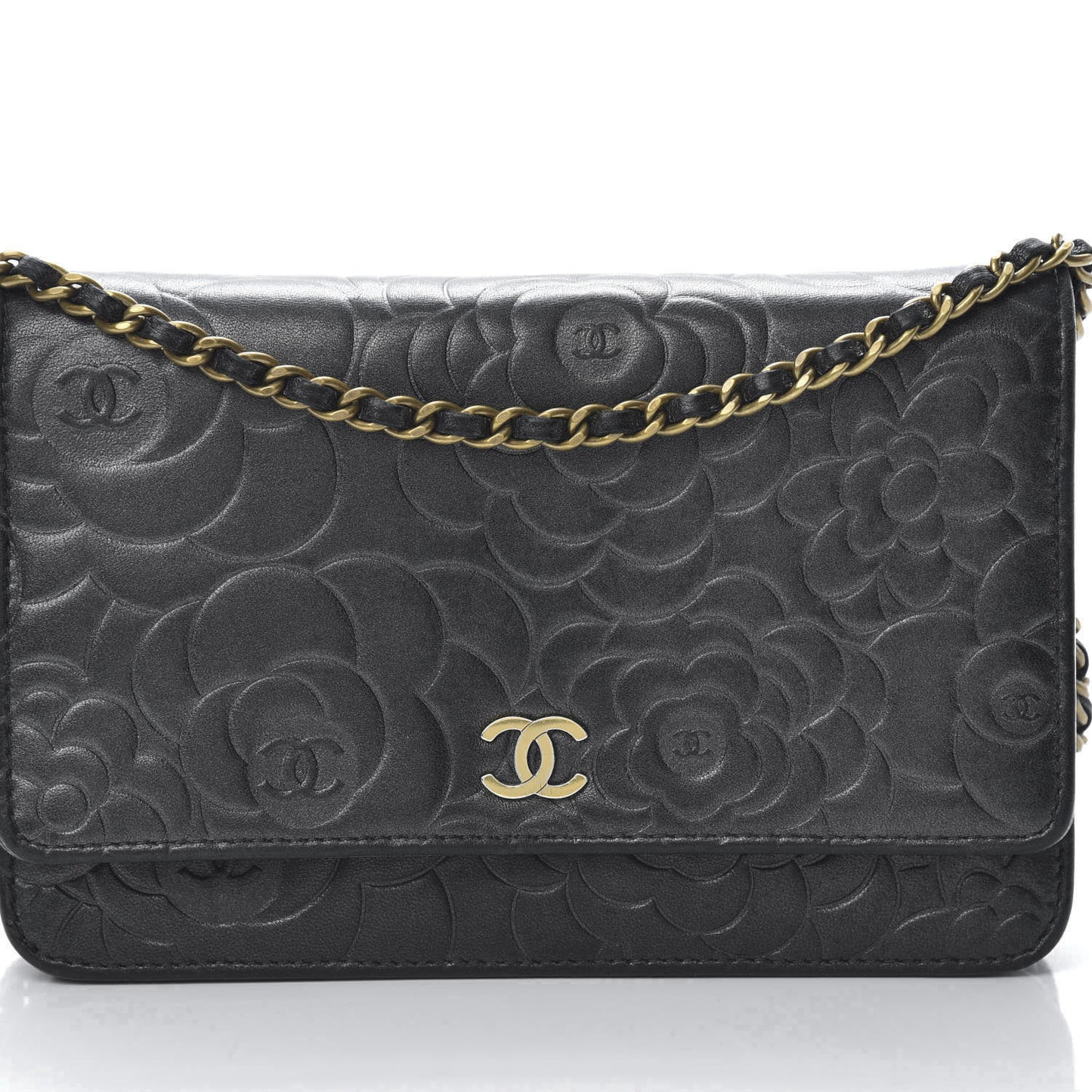 Lambskin Camellia Embossed Wallet on Chain WOC Black