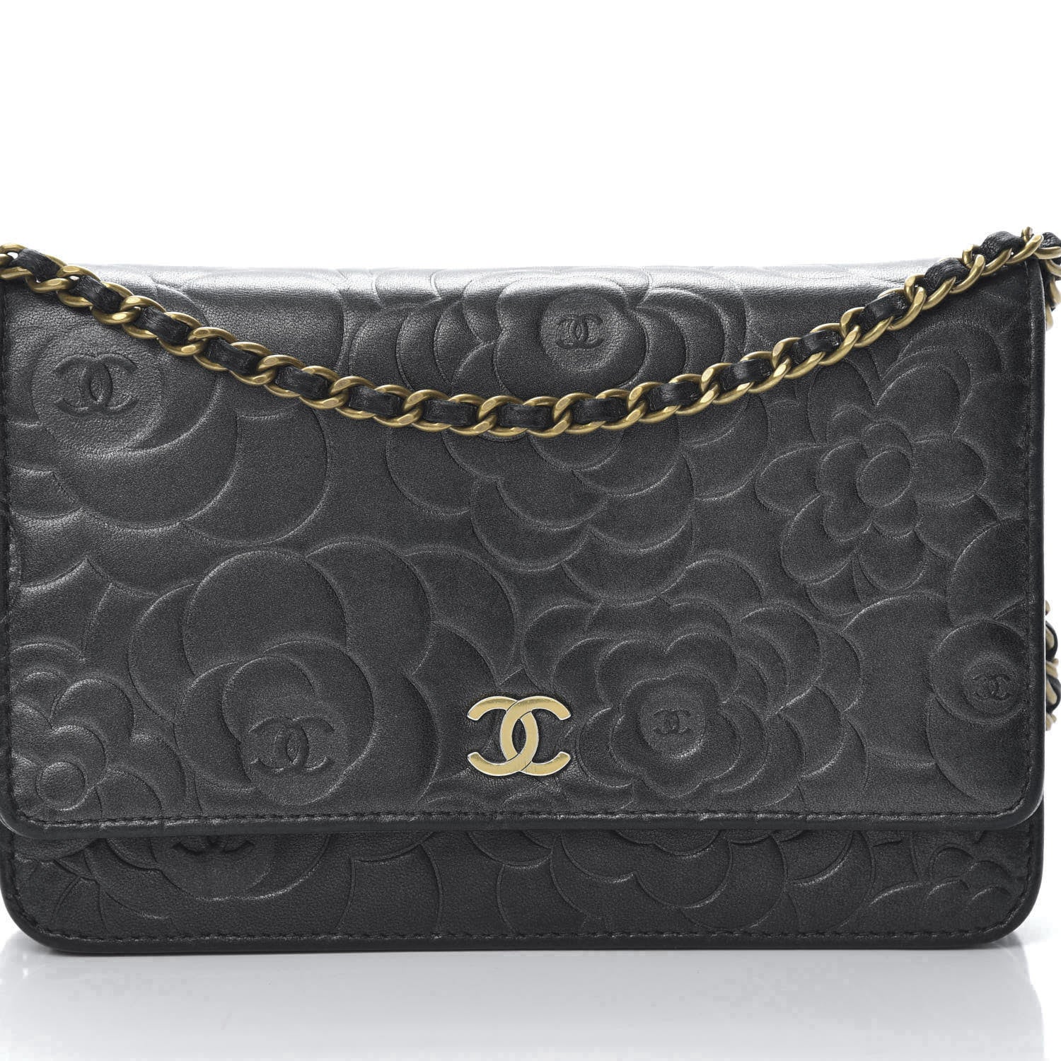 Chanel Lambskin Camellia Embossed Wallet on Chain WOC Black 15 of 15