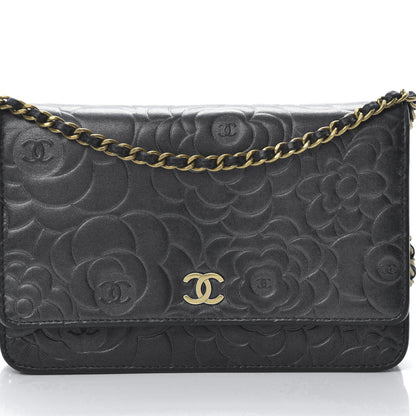 Chanel Lambskin Camellia Embossed Wallet on Chain WOC Black 15 of 15