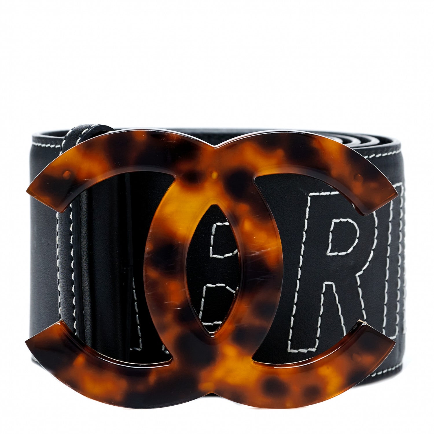 Chanel Calfskin Resin Gabrielle CC Logo Belt 95 38 Black White 1 of 9
