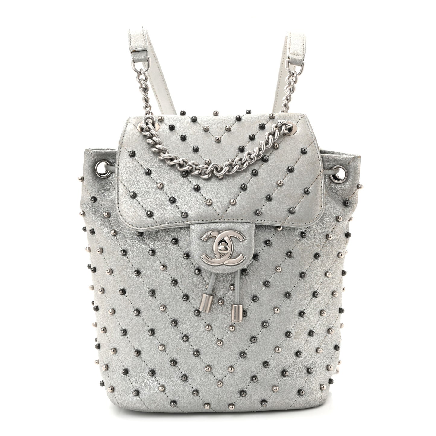 Metallic Lambskin Chevron Quilted Studded Stud Wars Backpack Silver