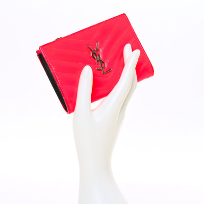 Saint Laurent Patent Grain De Poudre Matelasse Chevron Monogram Zipped Two-Part Wallet Neon Pink 2 of 7
