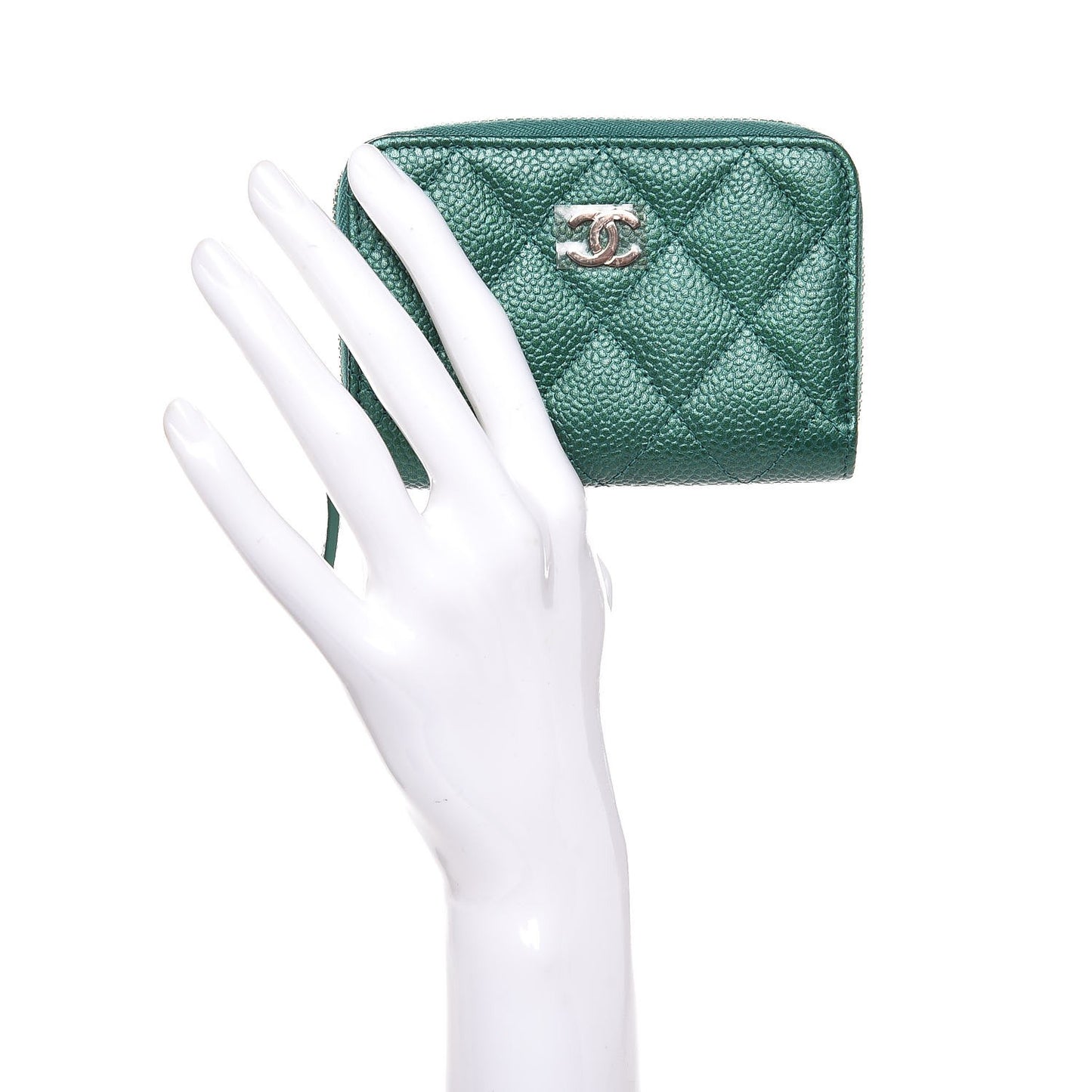 Metallic Caviar Quilted Zip Coin Purse Green