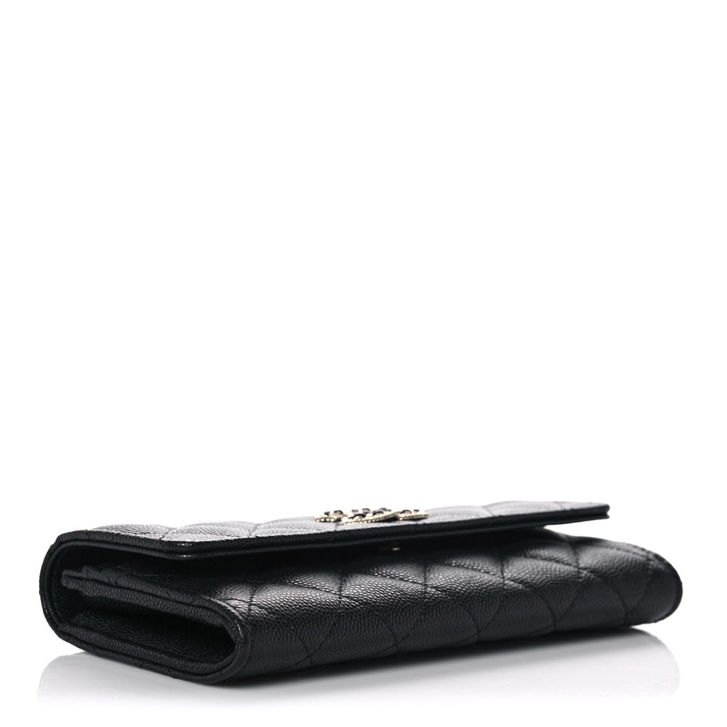 Caviar Quilted Crystal CC Large Gusset Flap Wallet Black