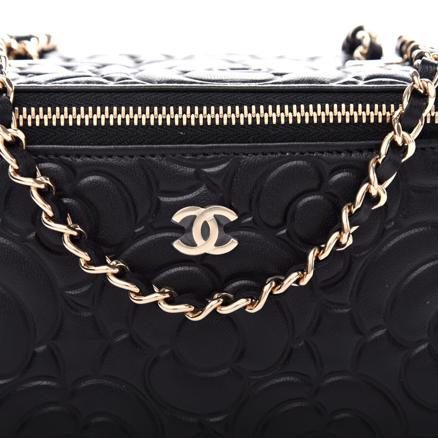 Chanel Goatskin Camellia Embossed Quilted Small Vanity Case With Chain Black 10 of 11