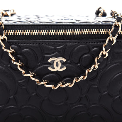 Chanel Goatskin Camellia Embossed Quilted Small Vanity Case With Chain Black 10 of 11