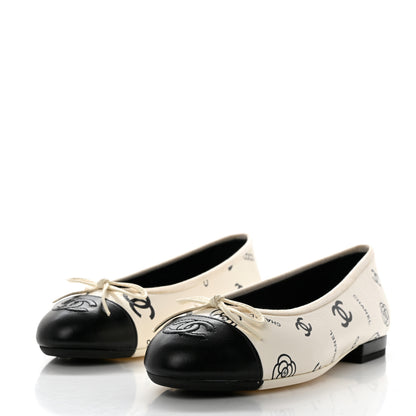Chanel Printed Lambskin Cap Toe CC Ballet Flats 37 White Black 3 of 10