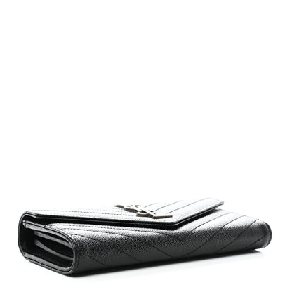 Saint Laurent Grain De Poudre Matelasse Chevron Monogram Flap Wallet Black 4 of 7
