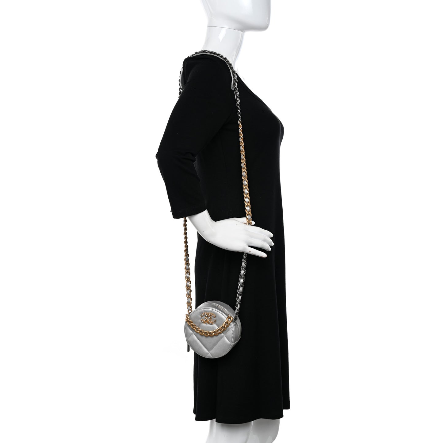 Metallic Lambskin Quilted Chanel 19 Round Clutch With Chain Silver