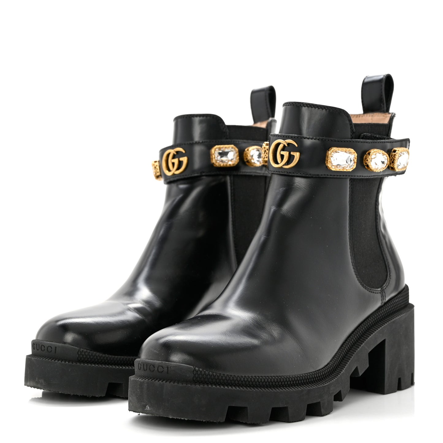 Calfskin Crystal GG Trip Chelsea Ankle Boots 37.5 Black