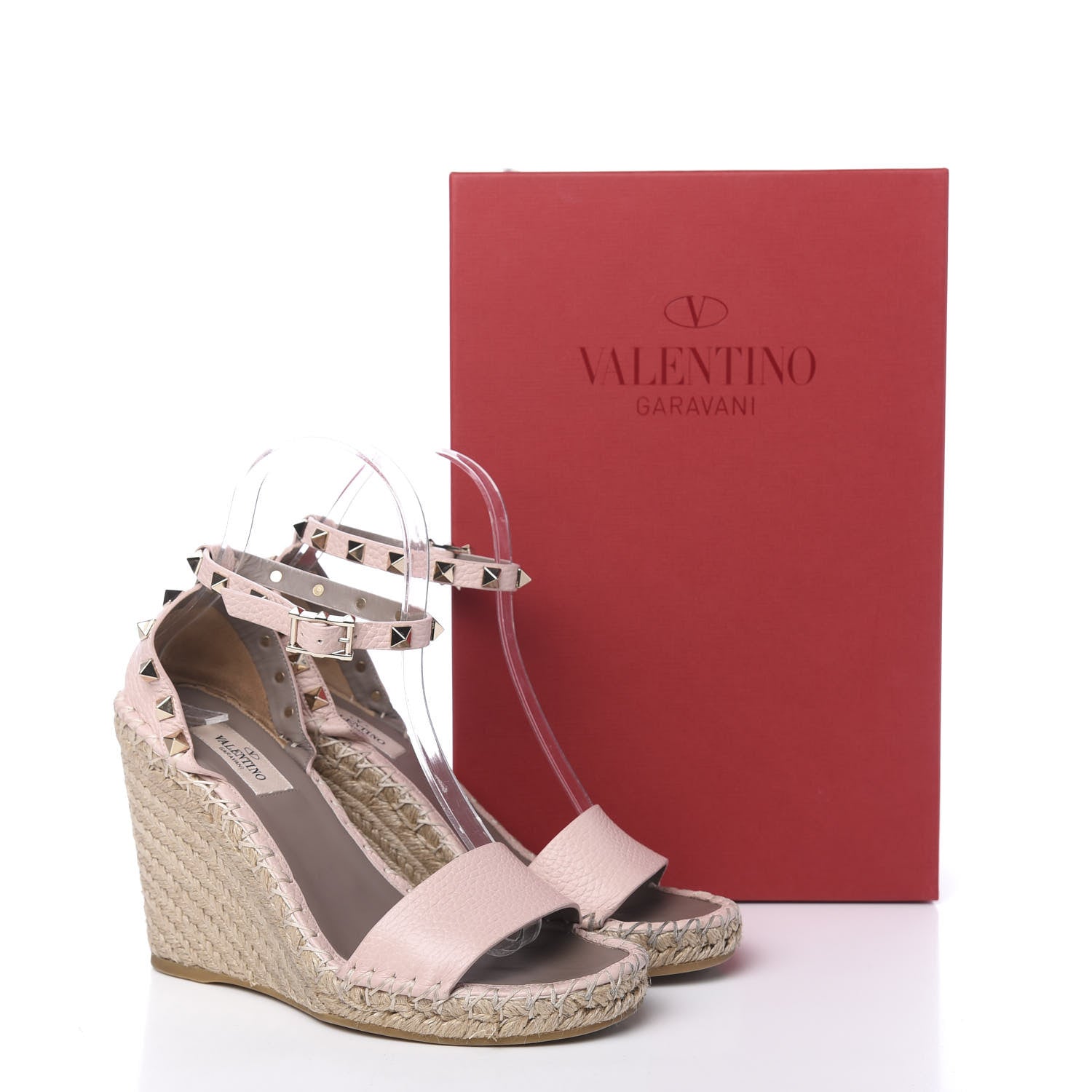 Valentino Garavani Grained Calfskin Rockstud Ankle Strap Espadrille 15/105mm Wedge Sandals 37 Rose Quartz Natural 11 of 11