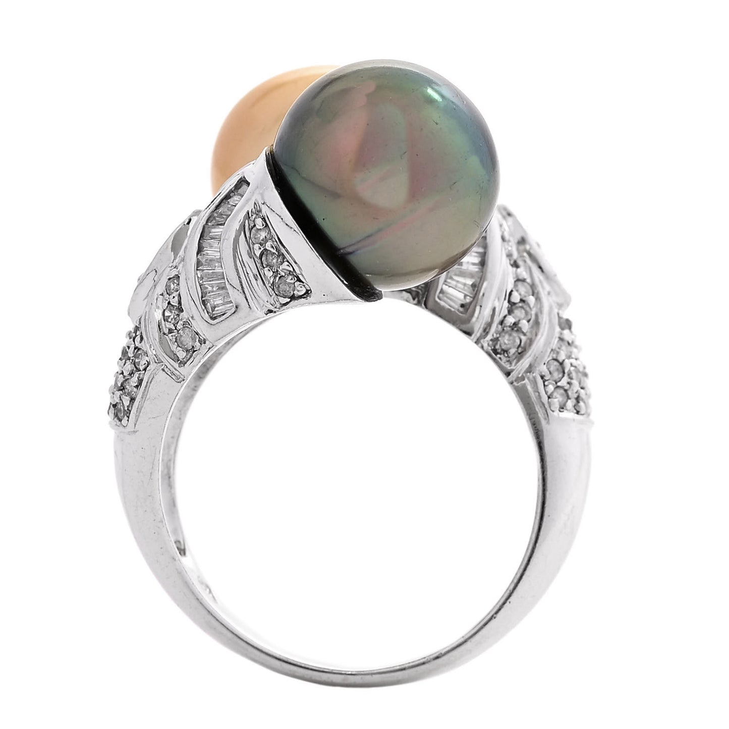 14K White Gold Diamond Gold Black Cultured Pearl .45ctw Bypass Ring 56 7.5