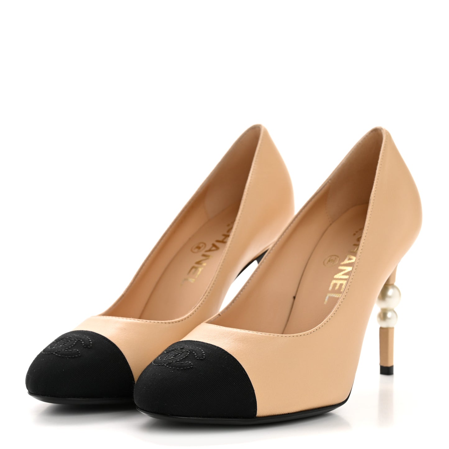 Lambskin Grosgrain Pearl Cap Toe Pumps 36.5 Beige Black